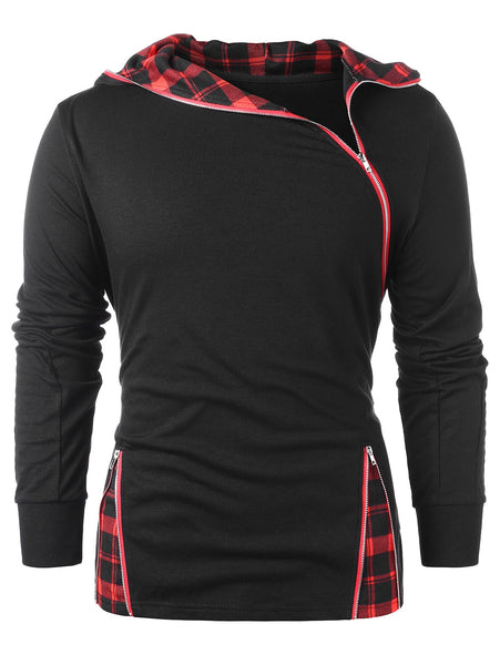 Zip Embellished Plaid Panel Hoodie