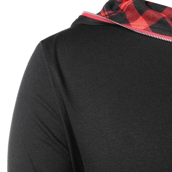 Zip Embellished Plaid Panel Hoodie