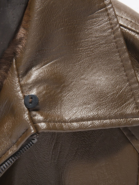 Zip Fly Fur Turn-down Collar PU Leather Jacket