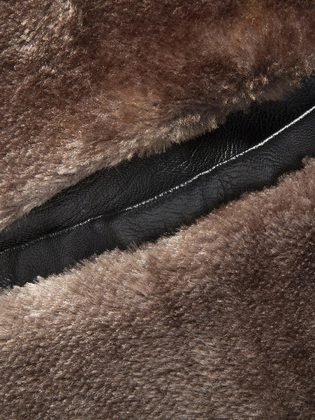 Zip Fly Fur Turn-down Collar PU Leather Jacket
