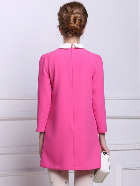Simple Design Peter Pan Collar Pockets Embellished Long Sleeve Cotton Blend Women's Dress