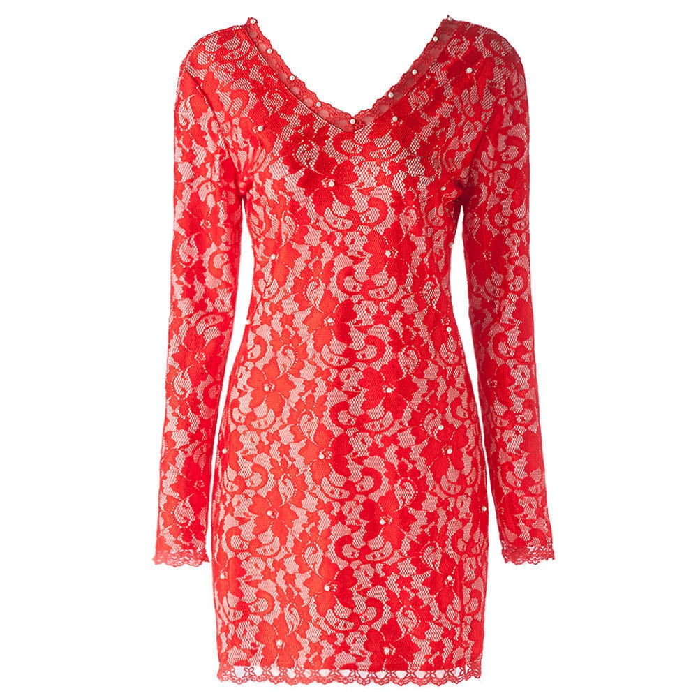 Plunging Neckline Long Sleeve Backless Lace Dress