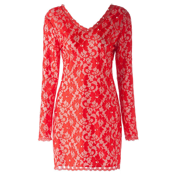 Plunging Neckline Long Sleeve Backless Lace Dress