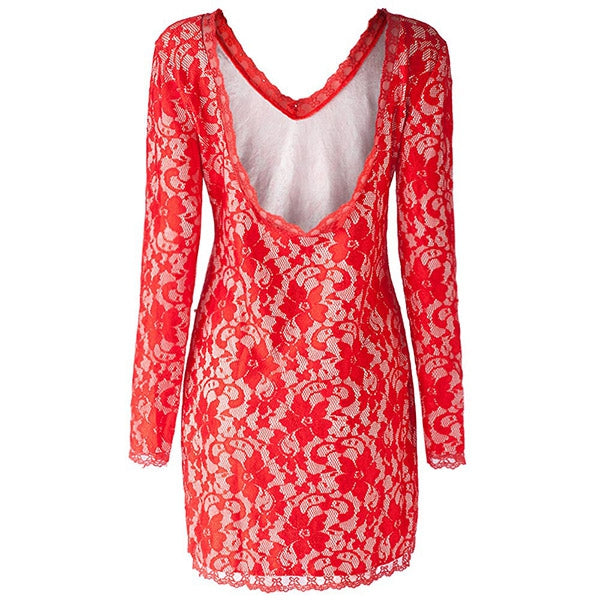 Plunging Neckline Long Sleeve Backless Lace Dress