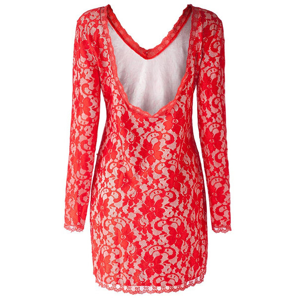 Plunging Neckline Long Sleeve Backless Lace Dress