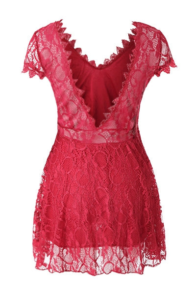 V Neck Backless Short Lace Prom Dress