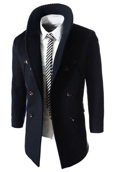 Knitted Lapel PU Leather Spliced Multi-Button Slimming Long Sleeves Men's Woolen Blend Thicken Peacoat