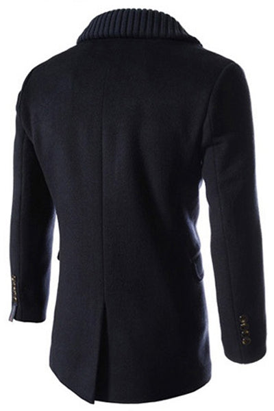Knitted Lapel PU Leather Spliced Multi-Button Slimming Long Sleeves Men's Woolen Blend Thicken Peacoat