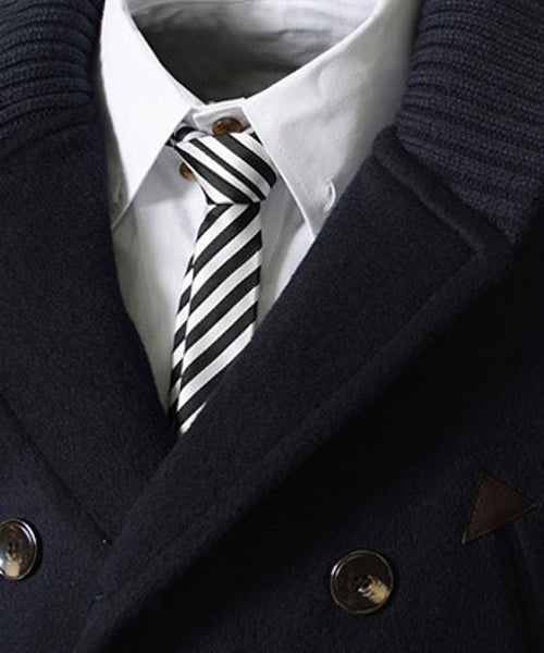 Knitted Lapel PU Leather Spliced Multi-Button Slimming Long Sleeves Men's Woolen Blend Thicken Peacoat