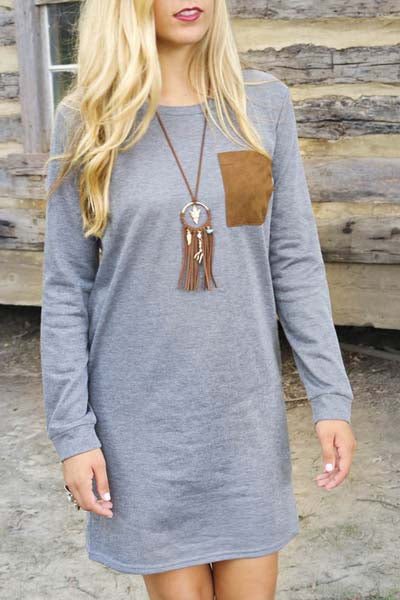Stylish Round Neck Long Sleeve Spliced Loose-Fitting Women's Dress