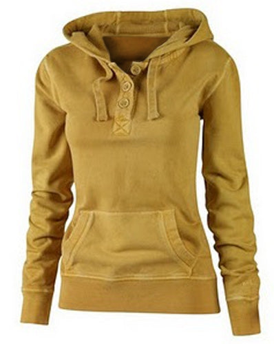 Active Hooded Solid Color Buttoned Pocket Pullover Hoodie For Women