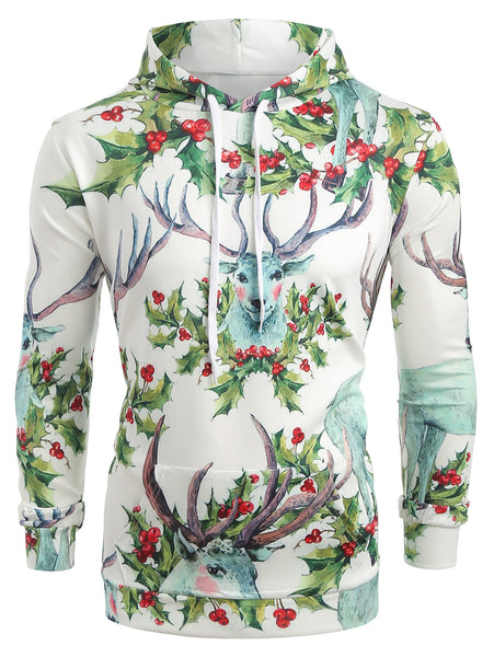 Elk Print Pouch Pocket Long Sleeve Hoodie