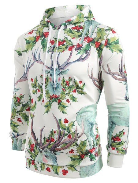 Elk Print Pouch Pocket Long Sleeve Hoodie