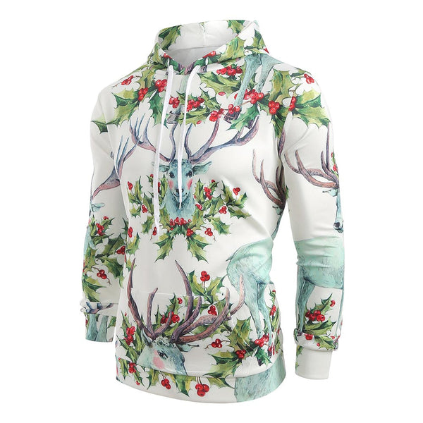 Elk Print Pouch Pocket Long Sleeve Hoodie