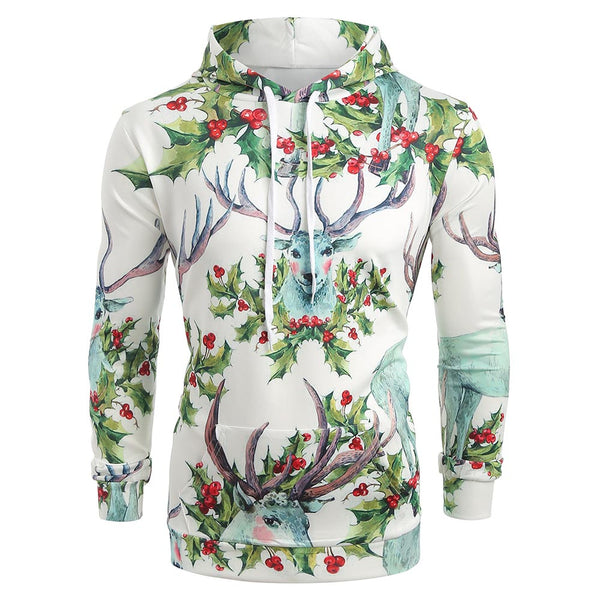Elk Print Pouch Pocket Long Sleeve Hoodie