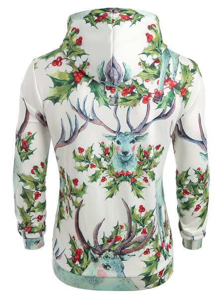 Elk Print Pouch Pocket Long Sleeve Hoodie