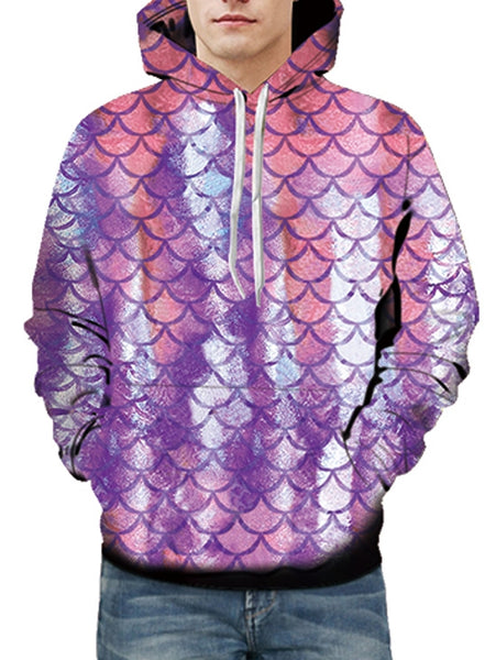 Fish Scale Print Pouch Pocket Hoodie