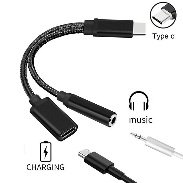 2 in 1 Nylon Braided USB 3.1 Type-C Charger and 3.5 mm Audio Headphone Jack Adapter Cable Converter