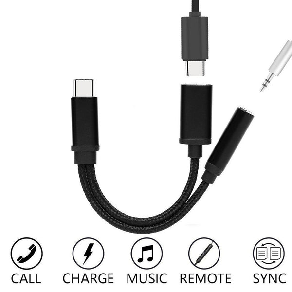 2 in 1 Nylon Braided USB 3.1 Type-C Charger and 3.5 mm Audio Headphone Jack Adapter Cable Converter