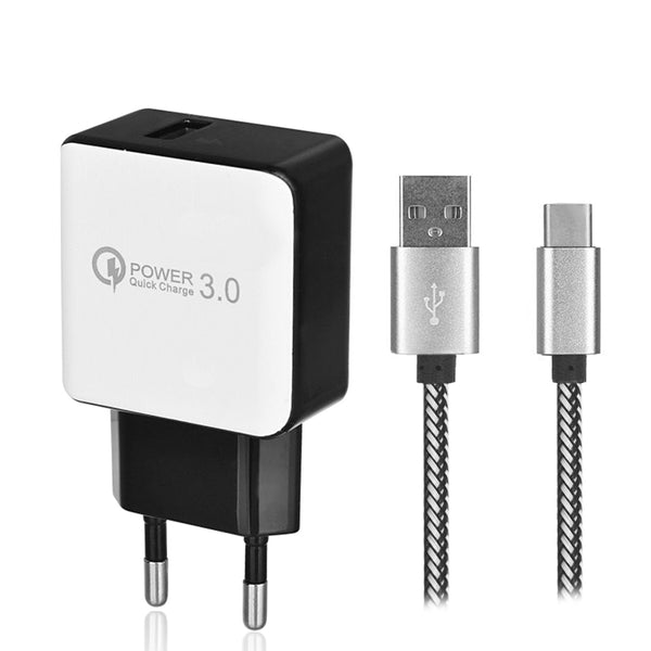 QC3.0 Fast Charging EU Plug USB AC Charger + USB 3.1 Type-C Charging / Data Transfer Cable