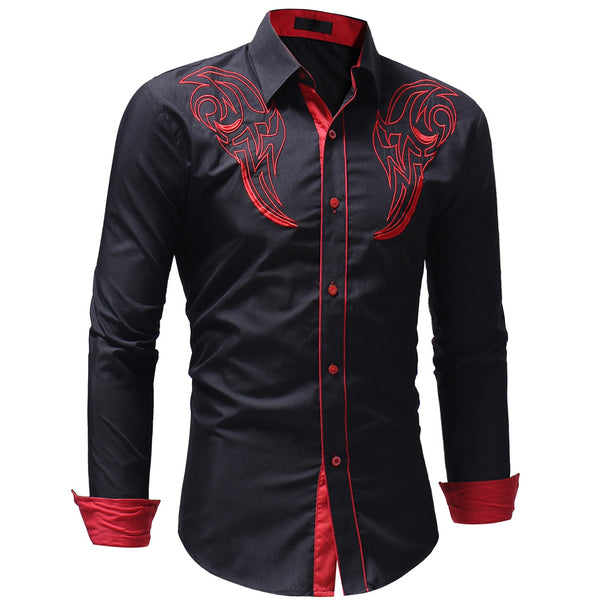 Men's Casual Slim Fit Chest Embroidered Long Sleeve Shirt