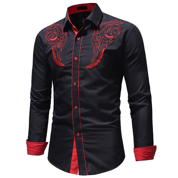 Men's Casual Slim Fit Chest Embroidered Long Sleeve Shirt