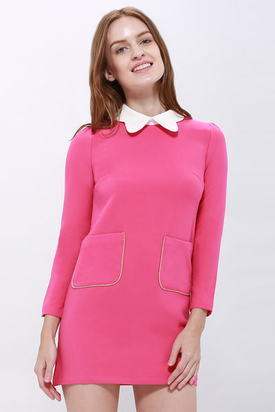 Simple Design Peter Pan Collar Pockets Embellished Long Sleeve Cotton Blend Women's Dress