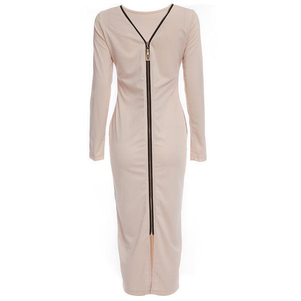 Simple Round Collar Long SLeeve Zipper Design Skinny Midi Dress for Women