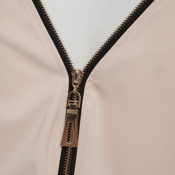 Simple Round Collar Long SLeeve Zipper Design Skinny Midi Dress for Women