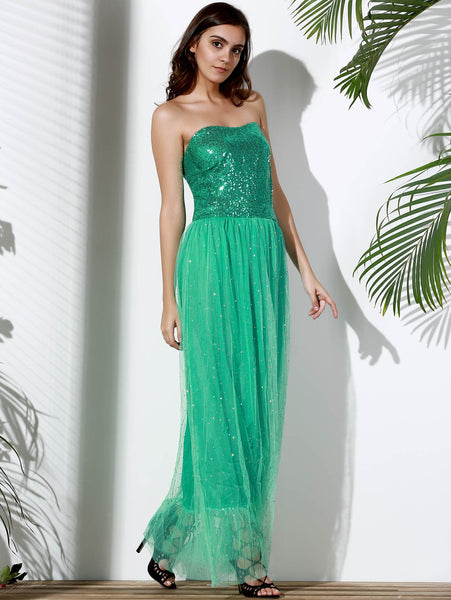 Strapless Sequin Long Swing Prom Evening Dress