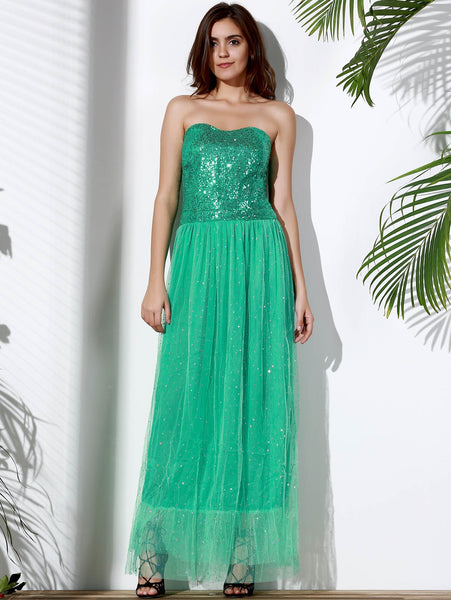 Strapless Sequin Long Swing Prom Evening Dress