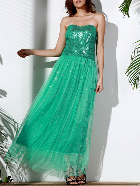 Strapless Sequin Long Swing Prom Evening Dress