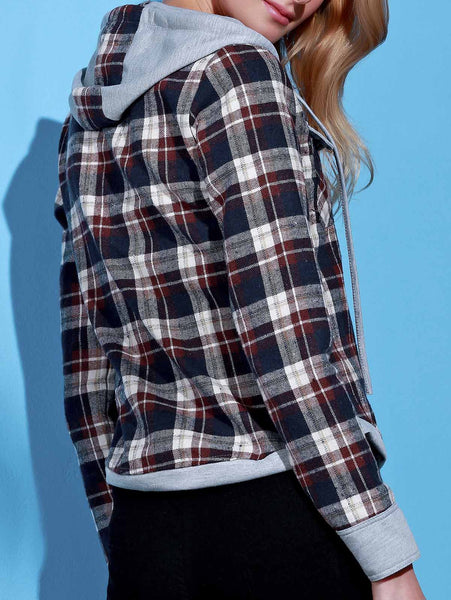 Stylish Hooded Long Sleeve Gingham Single-breasted Women Blouse