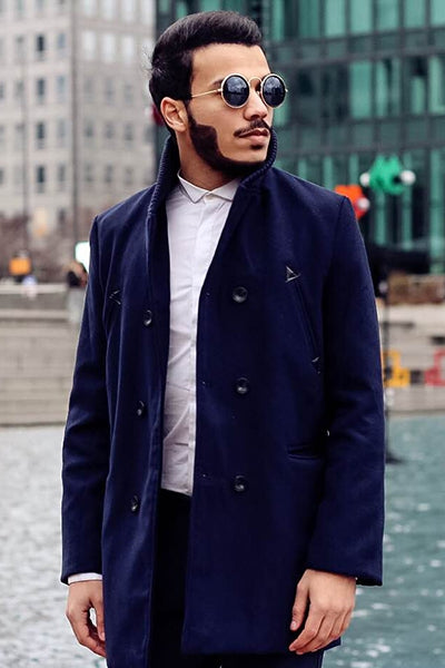 Knitted Lapel PU Leather Spliced Multi-Button Slimming Long Sleeves Men's Woolen Blend Thicken Peacoat