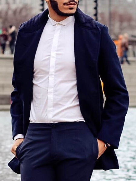 Knitted Lapel PU Leather Spliced Multi-Button Slimming Long Sleeves Men's Woolen Blend Thicken Peacoat