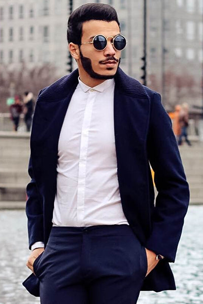 Knitted Lapel PU Leather Spliced Multi-Button Slimming Long Sleeves Men's Woolen Blend Thicken Peacoat