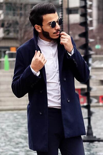 Knitted Lapel PU Leather Spliced Multi-Button Slimming Long Sleeves Men's Woolen Blend Thicken Peacoat