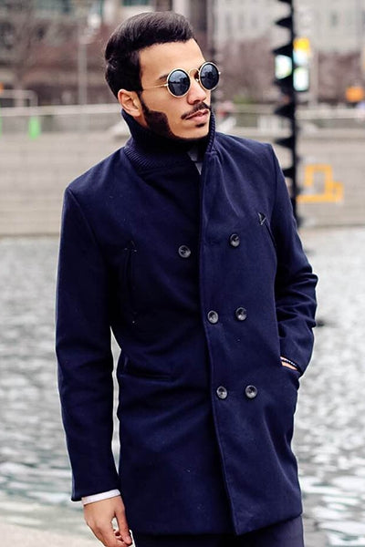 Knitted Lapel PU Leather Spliced Multi-Button Slimming Long Sleeves Men's Woolen Blend Thicken Peacoat