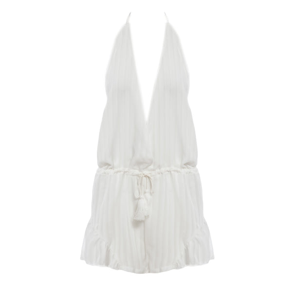 Sexy Plunging Neck Halter Lace-up Backless Drawstring Lacework Solid Color Romper for Women