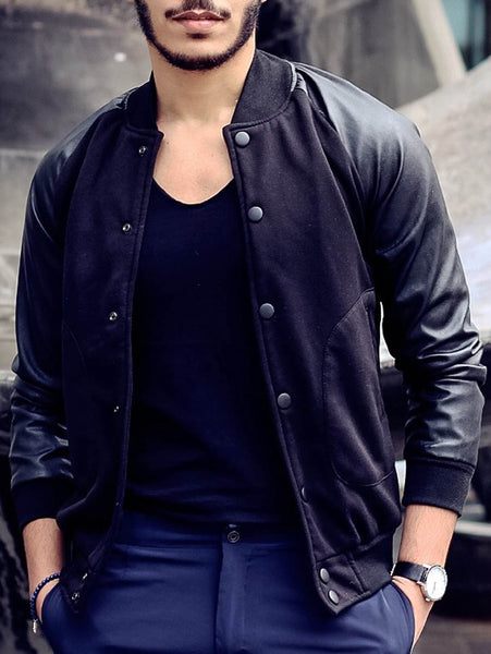 Stylish Stand Collar Slimming Large Pocket Color Splicing Long Sleeve Polyester Jacket For Men