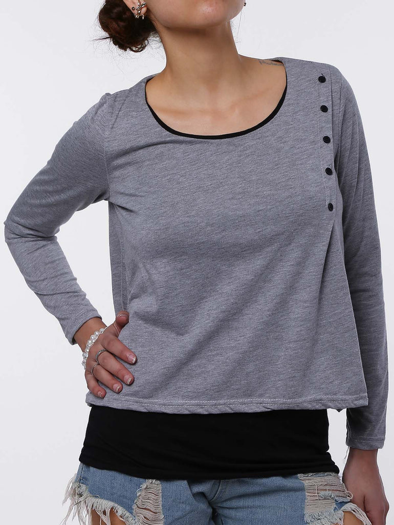 Stylish Scoop Neck Faux Twinset Design Long Sleeve T-Shirt For Women