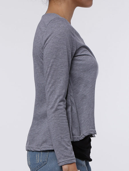 Stylish Scoop Neck Faux Twinset Design Long Sleeve T-Shirt For Women