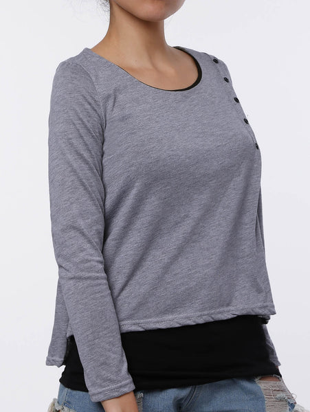 Stylish Scoop Neck Faux Twinset Design Long Sleeve T-Shirt For Women