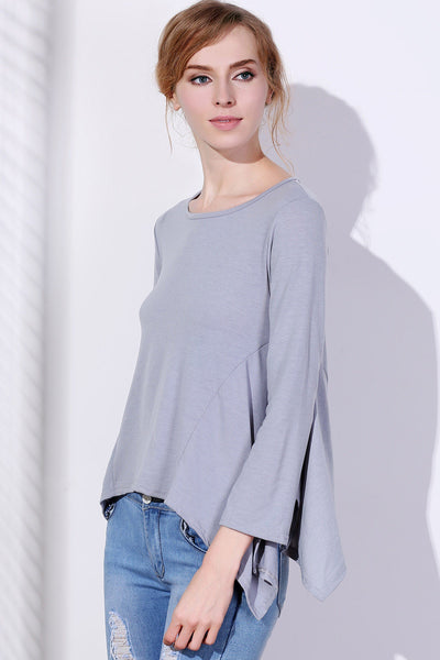 Fashionable Scoop Neck Solid Color Asymmetric T-Shirt For Women