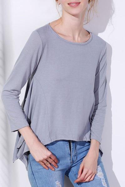 Fashionable Scoop Neck Solid Color Asymmetric T-Shirt For Women