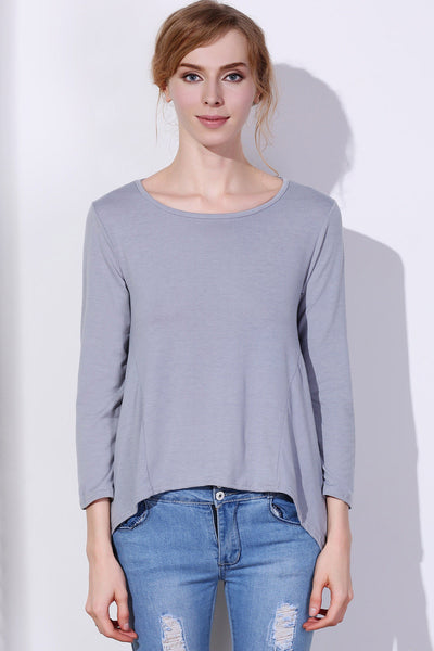 Fashionable Scoop Neck Solid Color Asymmetric T-Shirt For Women