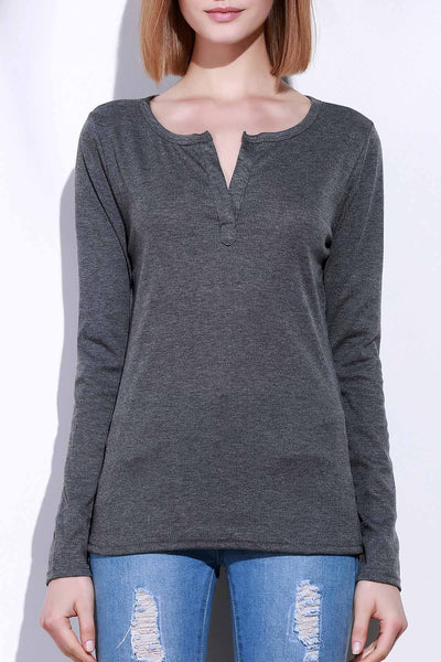 Casual V-Neck Long Sleeve Pure Color T-Shirt For Women