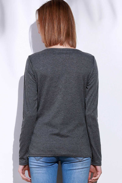 Casual V-Neck Long Sleeve Pure Color T-Shirt For Women