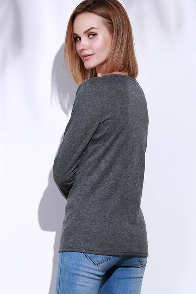 Casual V-Neck Long Sleeve Pure Color T-Shirt For Women
