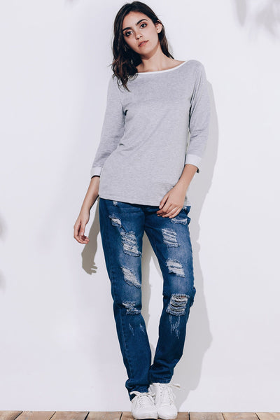 Sweet 3/4 Sleeve Back Bowknot Chiffon Spliced Pullover Sweatshirt For Women